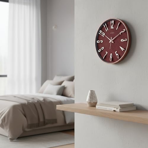 Image of RANDOM Sweep Silent Wall Clock, Non-Ticking Quartz Movement with 3D Foiling Numbers. (Burgundy)