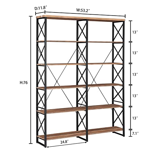 Homyshopy Double Wide 6-Tier Bookshelf 76” H, Industrial Display Shelves With Metal Frame, Large Bookcase For Living Room, Study And Library (Vintage Brown) #TOP1