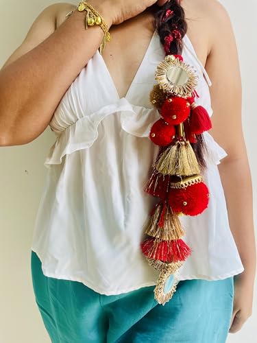 Image of Zippy Flora Handmade Sajni Boho Cotton Parandi |Traditional Hair Accessory with Tassles & Ghoonghru | Hair Extension | Choti for Women | Sajni Parandi (Red) | 22 Inches Length