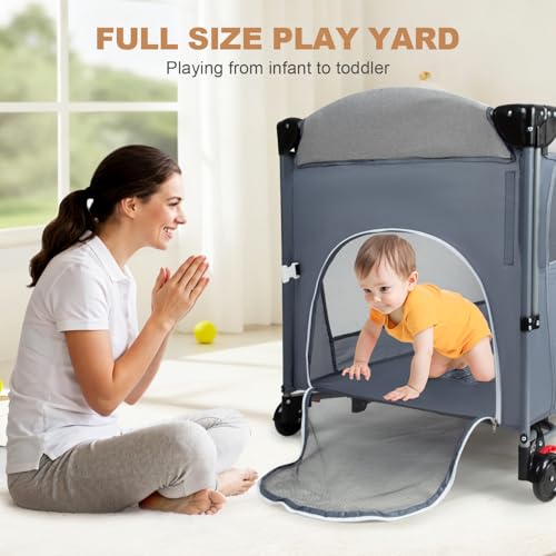 Image of 5-in-1 Baby Bassinet Bedside Sleeper, Portable Playard with Changing Station, Foldable Infant Travel Crib with Wheels, Adjustable Height Newborn Baby Playpen for Home & Travel