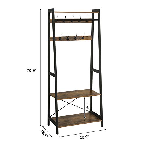VASAGLE Industrial Coat Rack 2-Tiers, Clothing Garment Rack, Hall Tree, Storage Shelf with 9 Heavy Duty Hooks, for Living Room Bedroom ULGR13BX