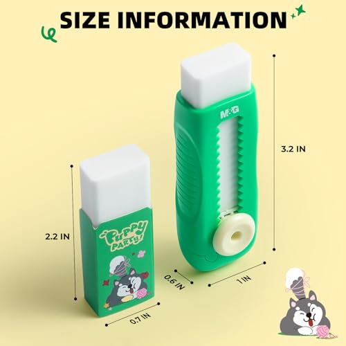 Image of M&G 1+1 Pack Green Sliding Retractable Cute Eraser Set, Refillable Soft Large Rubber Eraser with Sleeve for Kids Students School Office Supplies