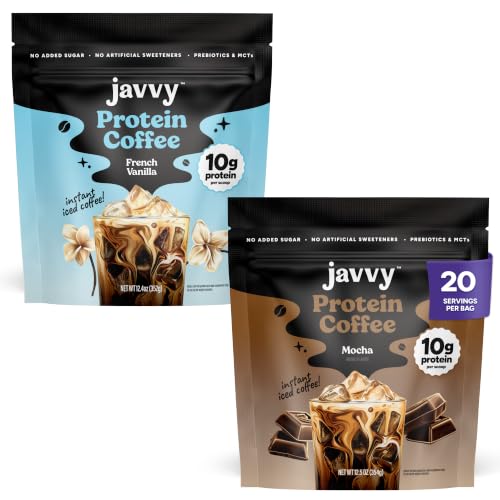Image of Javvy Protein Coffee for Cold Brew & Iced Coffee, Mocha /Vanilla, 2 Pack | 10g Whey Protein, 100% Natural Cold Brew, Zero Artificial Flavors & Sweeteners, 80mg Caffeine, No Added Sugar