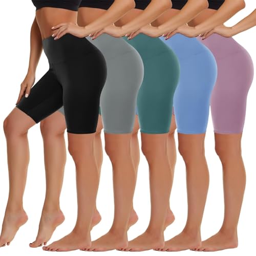 HIGHDAYS 5 Pack High Waist Biker Shorts for Women - 8" Soft Spandex Workout Yoga Running Athletic Shorts