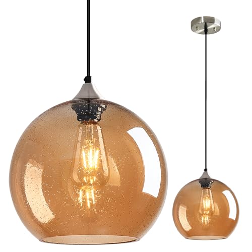 Image of Amber Glass Pendant Lights Kitchen Island Globe Pendant Light Fixtures Modern Pendant Lighting for Bedroom Living Dining Room Light Fixture (9.84 in, 1 Pack)
