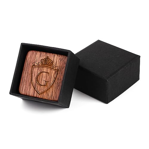 Image of Mens Initial Silver Cufflinks A-Z Alphabet Letter Steel Cuff Links with Engraved Walnut Wood Box Groom Groomsman Wedding Set