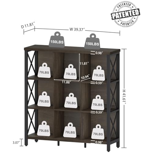 FATORRI 9 Cube Storage Bookshelf, Modern 4 Shelf Book Shelf, Wood and Metal Cubby Bookcase for Home Office (39.38 Inch W, Walnut Brown)