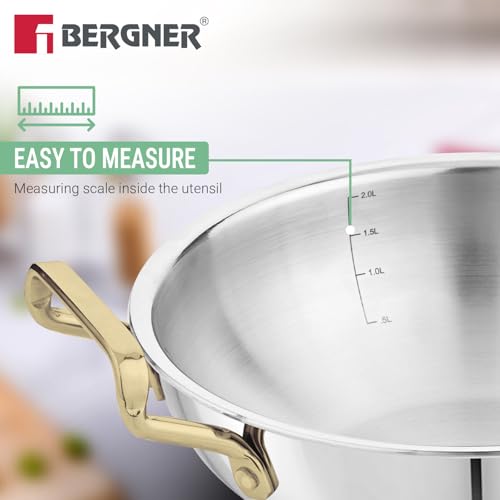Image of Bergner TriPro Triply Stainless Steel Induction Bottom 7 Pcs Cookware Set with PVD Coated Golden Handles, Kadai 22cm /2L with Glass Lid, Frypan 22cm, Saucepan 14cm /1.2L, Turner, Ladle, Serving Spoon