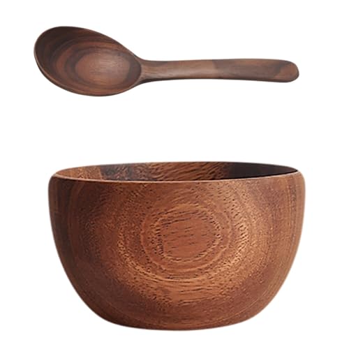 NUOLUX サラダボウル 木製 食器 お椀 汁椀 味噌汁 天然木 木目 直径10×高さ6cm 割れにくい 茶碗 食洗機対応 多用途 家庭用 業務用 木製食器 スプーン付き