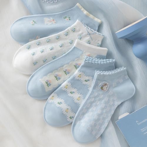 Image of Cute Socks For Women Bule Funny Cartoon Bunny Frilly Crew Girls Ruffle Socks