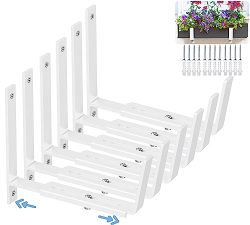 HFHOME 6 soportes ajustables para macetas (6 a 12.5 pulgadas), soportes universales para caja de ventana, ganchos de montaje en pared para balcón, vallas, patio y jardín, color blanco