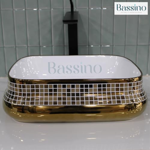 Image of BASSINO 18x14x5 Inches Ceramic Counter Top Wash Basin /1 Year Warranty /White & Rose Gold Basin for Bathroom /Rectangular Shape Tabletop Washbasin for Restaurant /Dining Hall /Living Room /Home(Glossy)