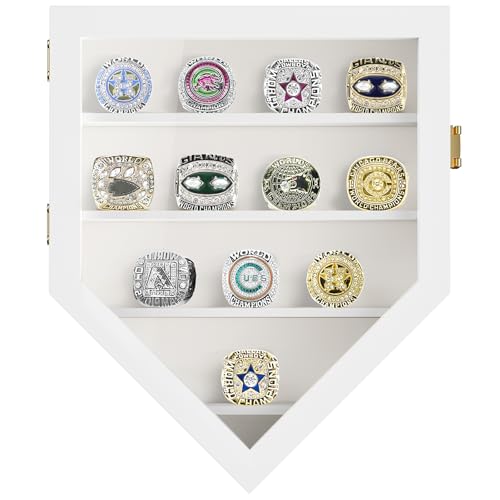 Image of TJ.MOREE 12 Rings Championship Ring Display Case Wall Mount Wooden | Shadow Box with Locks to Show Sport, Class, Fraternity, and Award Rings, White