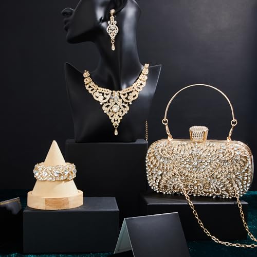 Quelay 4 Pcs Women Rhinestone Clutch Purses Jewelry Set Silver Clutch Evening Bag Bling Crystal Necklace Dangle Earrings Sparkly Bracelet for Wedding Formal2