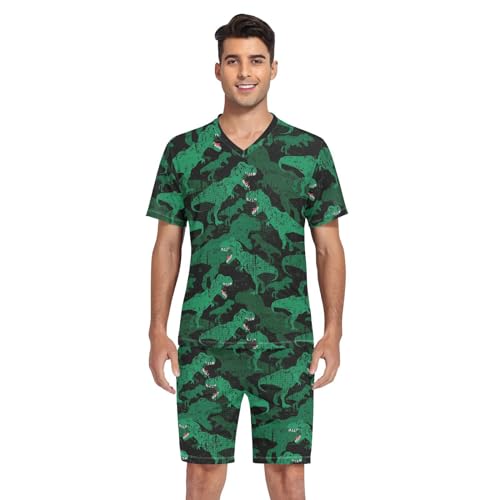 Men's Short Sleeve Pajama Set Dinosaur Green Summer Pjs Set 2 Piece Loungewear Sleepwear with Pockets4