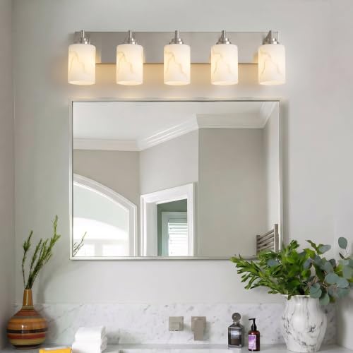 Image of 5-Light Bathroom Light Fixture, Brushed Nickel Modern Vanity Light with White Marble Glass Shade, for Bathroom Mirror, Living Room, Bedroom, Hallway, E26 Base, Extended Base