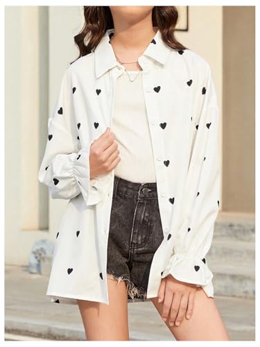WDIRARA Girl's Heart Print Button Front Flounce Long Sleeve Shirt Blouse4