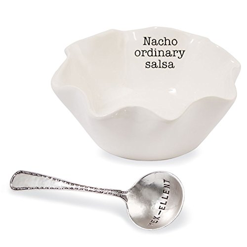 Mud Pie Salsa Ceramic Dip Cup Set, Nacho, White & Silver
