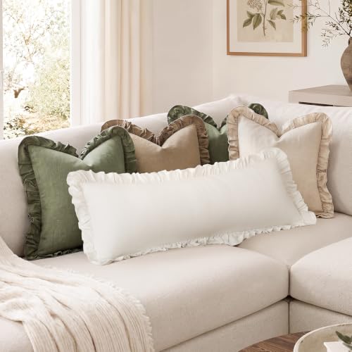 Image of Foindtower Set of 1 Decorative Linen Fringe Ruffle Throw Pillow Cover Long Lumbar Farmhouse Cushion Cover Body Boho Accent Retro Pillowcase for Couch Bed Living Room Home Decor,14x36 Inch,White