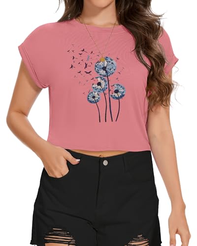 Image of Womens Crop Tops Summer Roll Cap Sleeve Cropped Tshirt Loose Fit Basic Tees