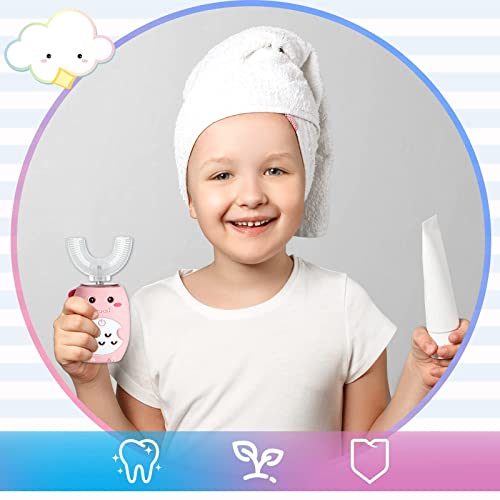 Suclain 2 Pcs Kids Electric Toothbrushes U Shaped Ultrasonic Toothbrush Rechargeable Toddler With 4 Brush Heads Waterproof Cartoon Dinosaur For Baby Age 2-12, 5 Clean Modes (Pink, Blue) #TOP5