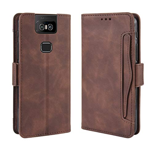 Dmtrab Phone Case for Asus Zenfone 6 ZS630KL Wallet Case, Skin Feel Calf Pattern Leather Protective Cover Case with Suction Function & Separate Card Slot Protective Shell (Color : Brown)