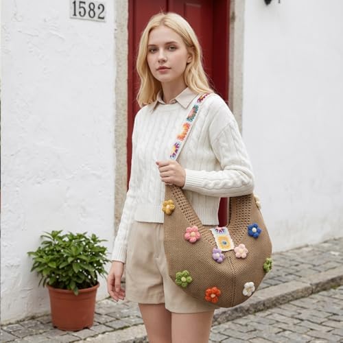 Image of PALAY Tote Bag for Woman Crochet Mesh Beach Shoulder Bags with Flower Brooch Summer Vacation Knitted Bag for Women Shoulder