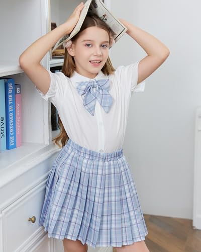 Image of Betusline Girls Skirt Set JK School Uniform 2-Piece Outfit - Short Sleeve Shirt with Bow & Pleated Skirt 4T-14Y