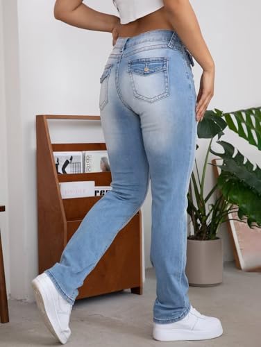 Flamingals Women's Stretchy Straight Leg Jeans Mid Waist Bootcut Jeans Double Button Solid Skinny Jeans - Image 6