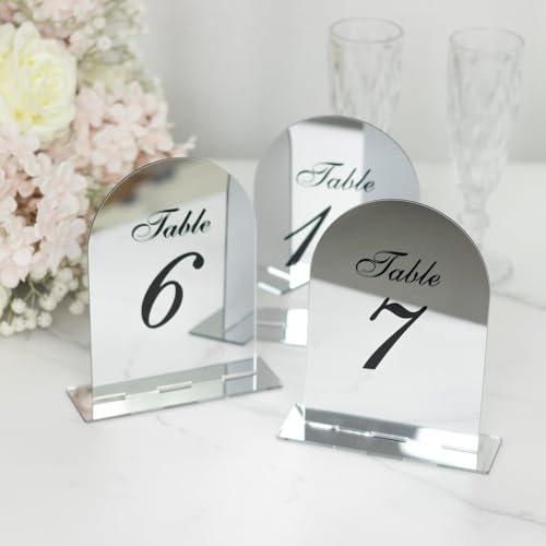 Efavormart Wedding Table Numbers 1-10 – Silver Mirror Arch Acrylic with Black Print & Stands for Elegant Receptions - 6