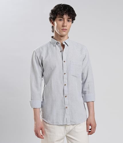 Image of TURMS Men's Casual Striped Linen Shirt | Water Repellent | Anti Stain Anti Odor | Kansas Linen | Concealed Button Down Collar | Full Sleeves