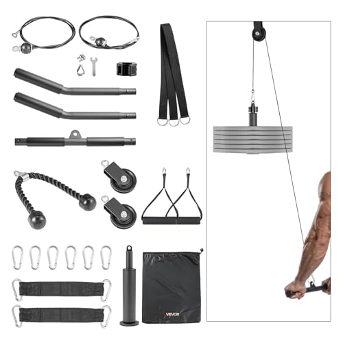 VEVOR Pulley System, 2 PCS LAT and Lift Pulley System, Gym Rack Pulleys Attachment with Two Steel Cables, Short Bar, Dual Grip Handles, Cable Machine for Bicep, Shoulder, Back, Up to 330 lbs Capacity by VEVOR - Used condition - CA$41.85