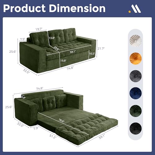 Image of MAXYOYO Convertible Sofa Bed, Pull Out Loveseat Sofa Couch, 2 in 1 Folding Couch Bed, Fold Out Floor Couch with Pillows for Living Room Bedroom Lounge, Dark Green