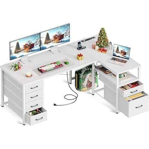 Coleshome L Shaped Computer Desk with 6 Drawers & Power Outlet, 55 Inch Corner Desk with Reversible Storage Shelf & File Drawer, Home Office Desk, White Cover