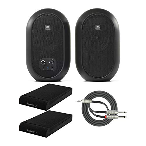 JBL 104-BT Compact Desktop Reference Bluetooth Monitors Bundle with Knox Gear Isolation Pads for 5-Inch Monitors and a 3.5mm to Dual 1/4-Inch TRS Breakout Cable (3 Items)
