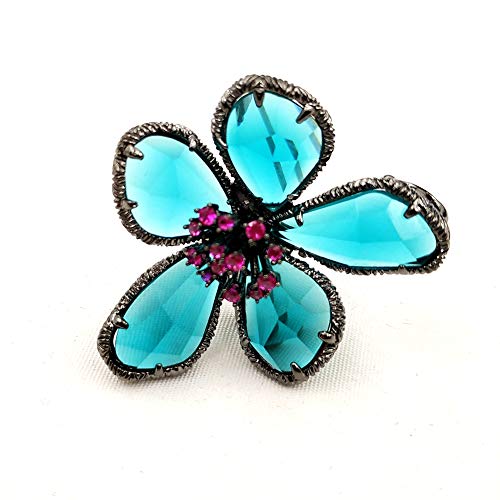 Image of Designer Antique Silver Framed Hot Pink Pistil Turquoise Blue Rhinestone Flower Brooch Pin for Women Fashion