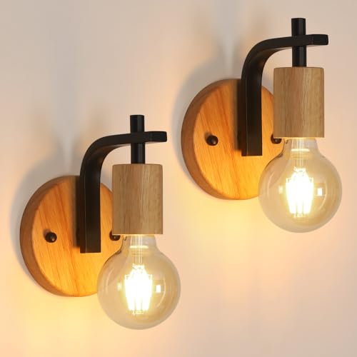 Pheashine Wall Lights Indoor 2 Pack, Vintage Wood Wall Sconces Lights, E27 Industrial Black Wall Lamp for Hallway Living Room