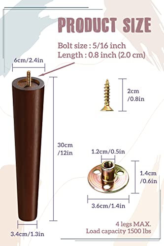 12 Inch Furniture Legs, Round Solid Wood Chair Legs Bench Leg, Mid Century Modern Replacement Table Legs For Home Diy Projects Tv Cabinet, Ottoman, Dresser, Armchair, Cabinet（Set Of 4 Walnut Color） #TOP1