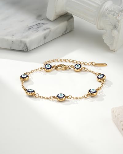 18K Gold Plated Stainless Steel 7 Evil Eyes Bracelet - Sevenfold Protection Bracelet Ojo Turco Amulet Lucky Jewelry Gifts with Meaning Card for Women & Teen Girls2