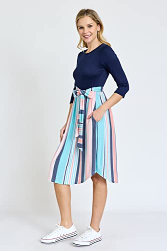 Image of Eloges Women's 3 /4 Sleeve Contrast Waist Band Floral Curved Hem Midi Dress