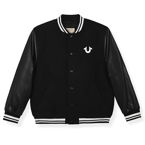 True Religion Boys Varsity Jacket – Stylish Button Front Jacket with Faux Leather Sleeves