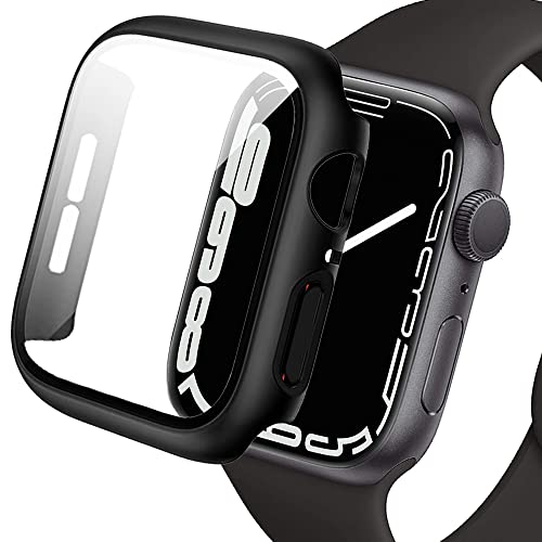 Miimall Compatible Apple Watch Series 7 45mm Case with Screen Protector Ultra-Thin PC Full Protection Scratch Resistant Tempered Glass Screen Protector Cover Case for iWacth 45mm Series 7(Black)