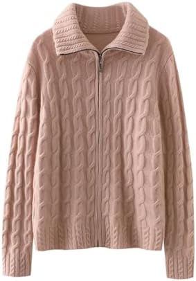 Womens 100 Percent Cashmere Soft Cardigans Lapel Zippers Twisted Fashion Knit Jacket Winter Top