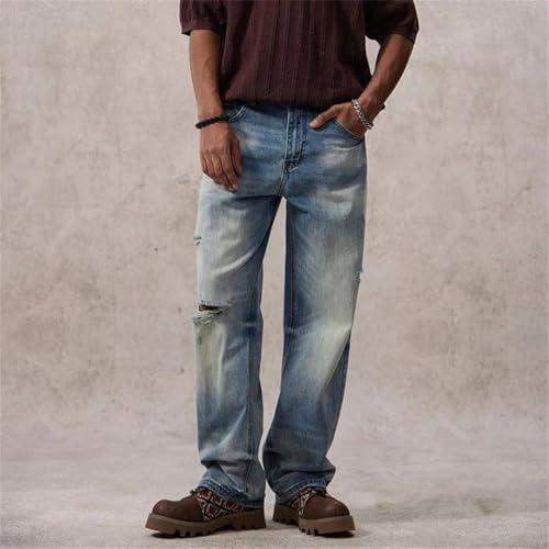 Men Spring Vintage Straight Loose Wide Leg Distressed Denim Pants Ripped Motocycle Jeans4
