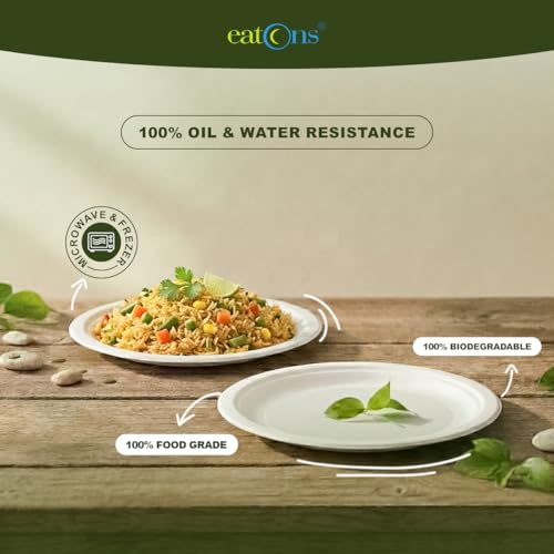 Image of EATONS 10 inch, 100 Pack Disposable Bagasse Plates | Eco-Friendly, Disposable Plates Big Size | Dinner Paper Plates | Birthday, Wedding & Party | Round, White