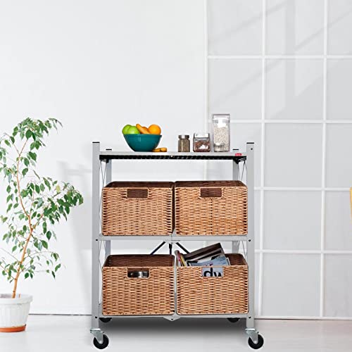 3-Shelf Foldable Storage Shelves With Wheels, Large Capacity Shelving Unit, Freestanding Metal Wire Shelf Rack, No Assembly Organizer Rack For Garage Kitchen, Basement, Pantry, Heavy Duty, Grey #TOP1