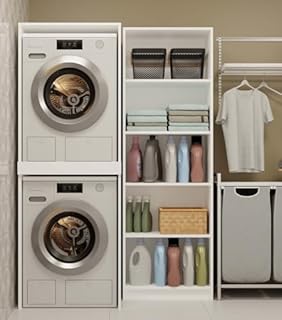 Mobile Colonna da Bagno per Lavatrice e Asciugatrice – Scaffale Salvaspazio per Lavanderia o Bagno – Armadio Verticale con Ripiano Rinforzato – Pratico Mobile Contenitore Multiuso