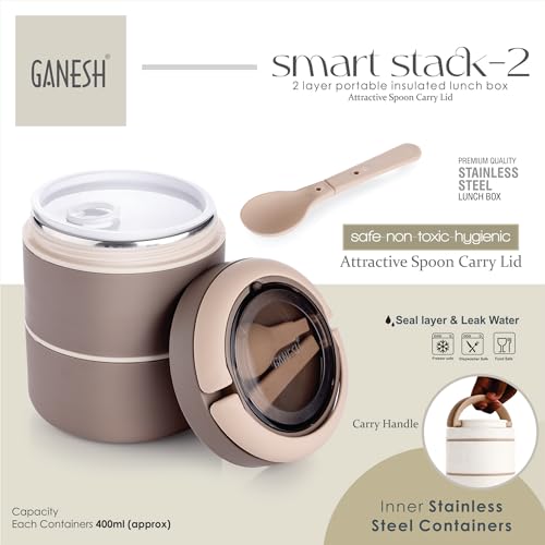 Ganesh Smart Stack 2 Layer Protable Lunch Box Stainless Steel Airtight Leak-Proof Lunch Box for Office, School, Picnic - Brown - 800ml (Image - 4)
