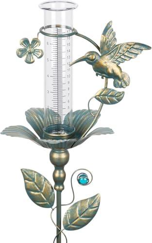 shumi Rain Gauge Outdoor Hummingbird, Upgraded Glass Rain Guage Outdoors Best Rated, Freeze Proof Adjustable Height Rain Gauges for Yard Garden Decor, Gardening Gifts for Women