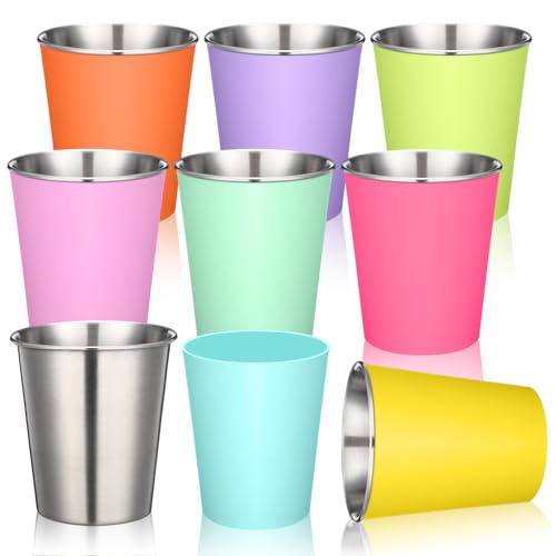 Singhoow 8 Pack 10oz Stainless Steel Cups for Kids with Silicone Sleeve Stackable Rainbow Metal Cups...
